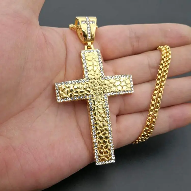 

Hip Hop Rhinestones Paved Bling Iced Out Stainless Steel Cross Pendants Necklaces for Men Rapper Jewelry