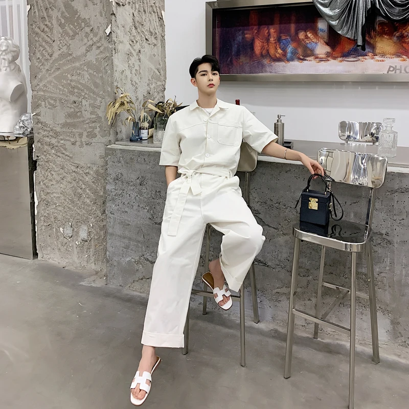 

M-6XL!!!Summer new Korean version of the men's loose custom large size was thin tooling short-sleeved straight jumpsuit.