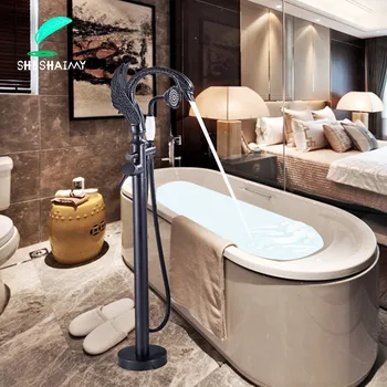 

SHBSHAIMY ORB Floor Standing Bathtub Faucet Bird Spout Dual Handle Mixer Water Tap Chiese Traditional Ceramic Hand Shower