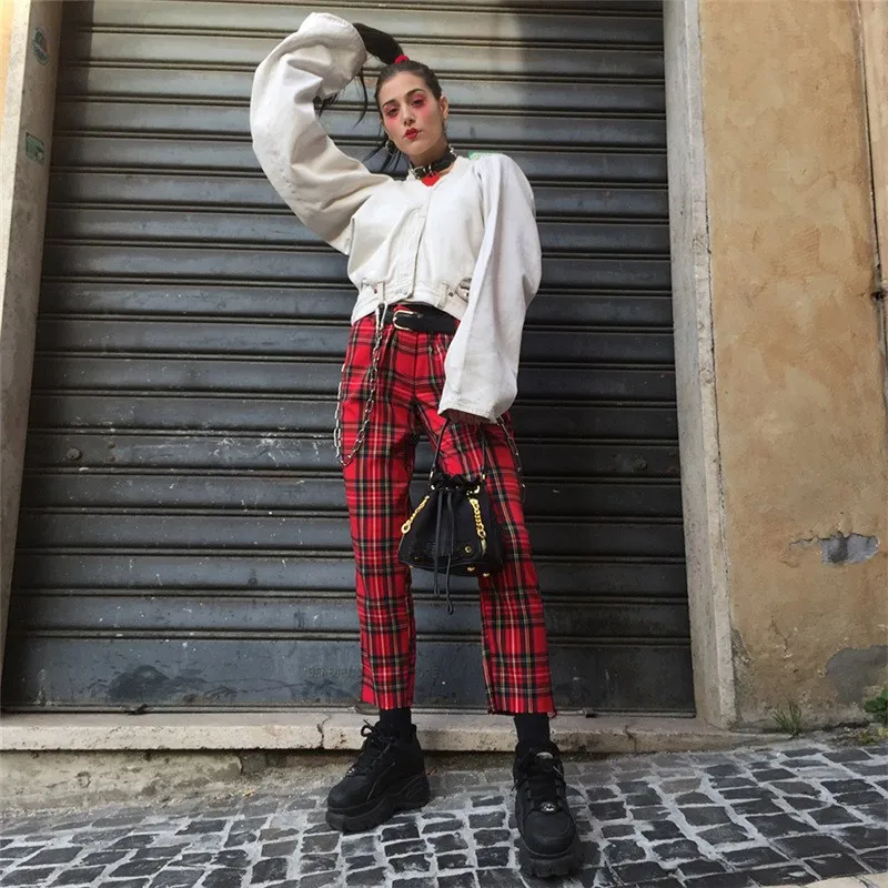 checkered trousers red