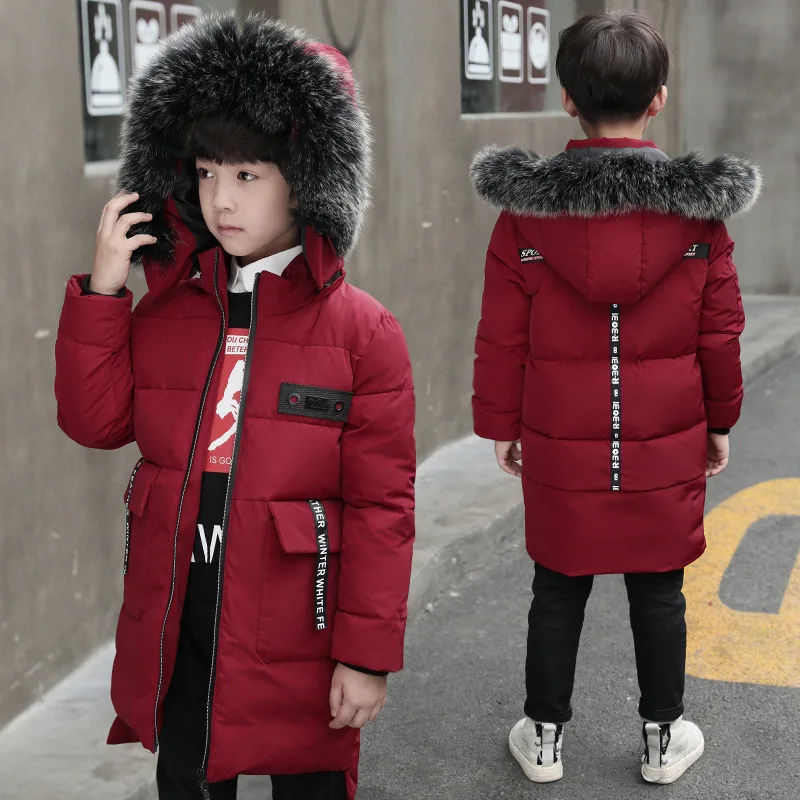 

2018 Boys Winter Jacket Long Thickened Warm Cotton Coats Kids Big Fur Collar Parkas Children Outdoor Windproof Jackets 4T-14T