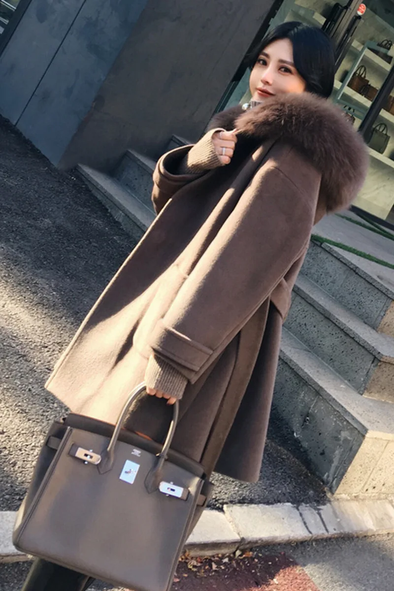 Женское офисное пальто с капюшоном длинное полушерстяное двубортное однотонное