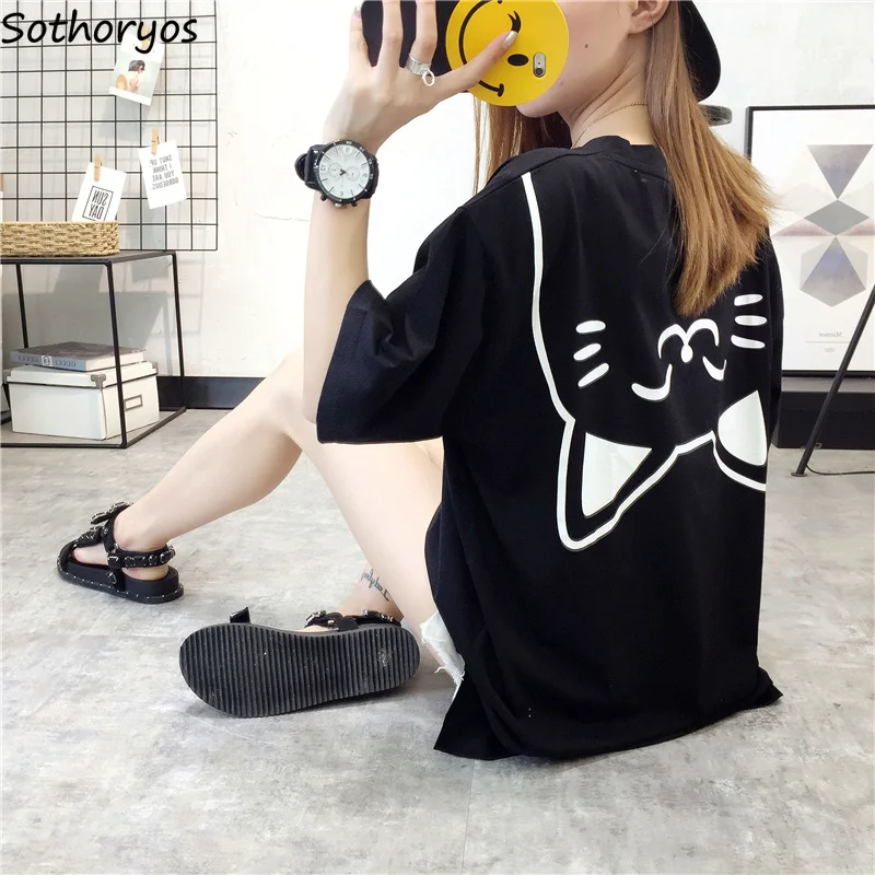 

T-shirts Women Oversize Pringting Cat Lovely Harajuku Loose Long Half Sleeve O-Neck Womens Pockets Couple Clothes Summer Tshirt