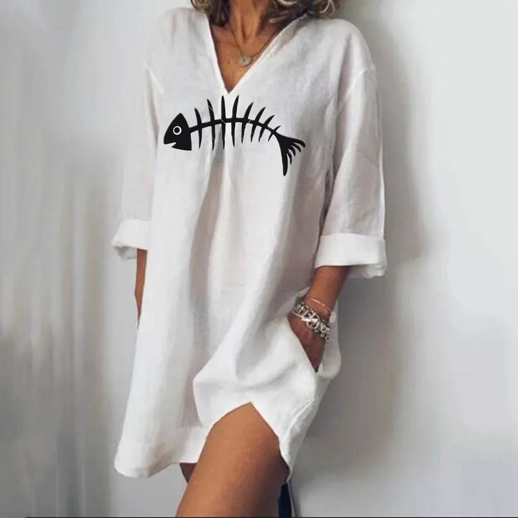 

Women Loose Casual Dress Fishbone Print V Neck Long Sleeved Summer Dress With Pockets Vestidos Beach Dresses Sundress Vestido