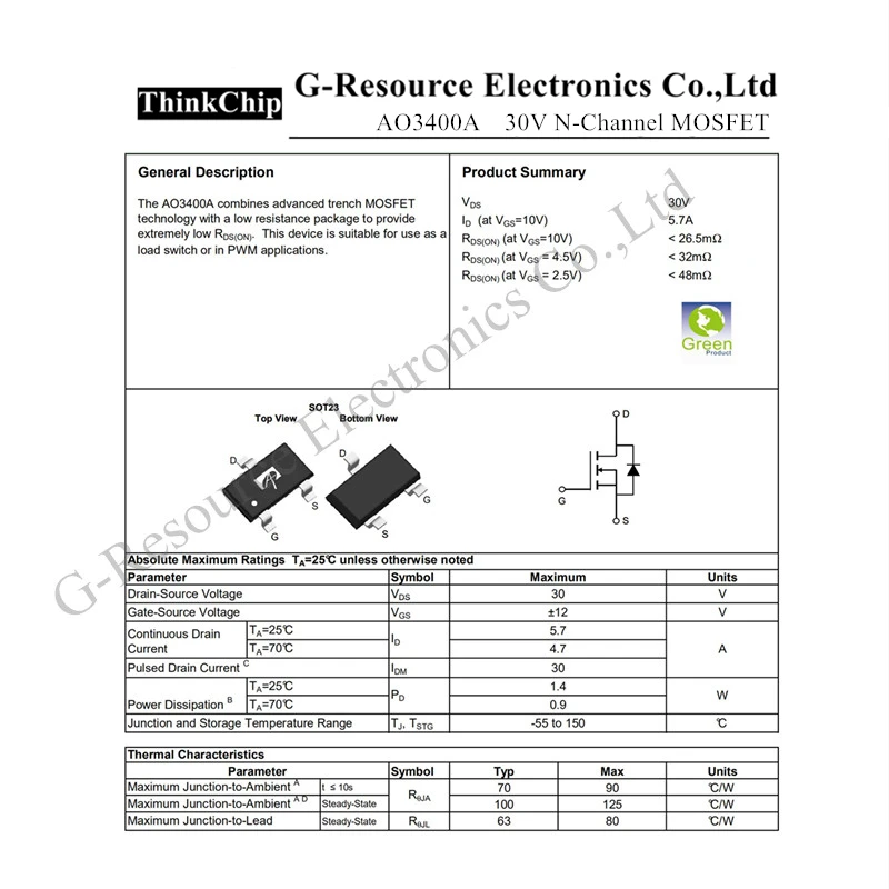 100 pcs AO3400 /AO3400A /3400 A09T SOT-23 SMD Field Effect Transistor N-Channel MOS-FET New original