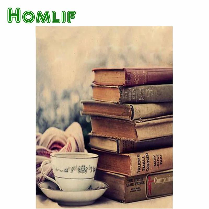 

HOMLIF Diamond Painting Old Books Cup of Tea Diamond Embroidery Relax Reading Time Craft Decoration for Study Room Wall Stickers