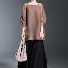 Miyake Модный складной прочный фонарь рукав o-образным вырезом три четверти свободная футболка