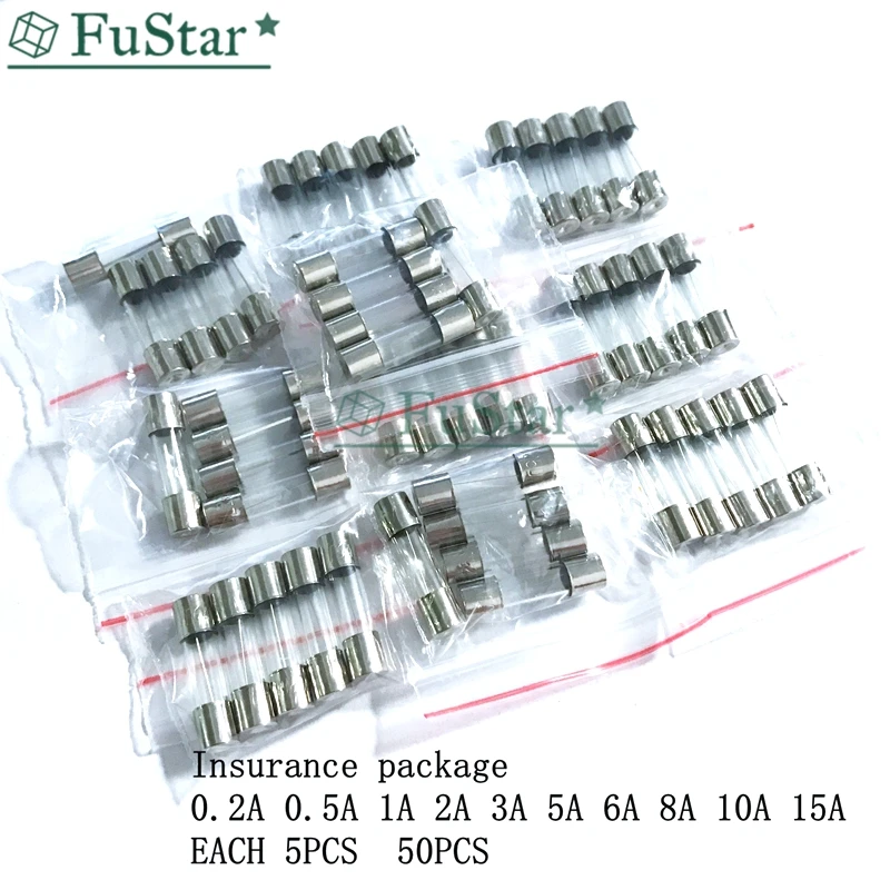 50 шт./компл. 10 значений Быстрый Удар Стекло трубка предохранители страхование посылка 5x20 мм Предохранитель 5*20 0.2A 0.5A 1A 2A 3A 5A 6A 8A 10A 15A/250 V