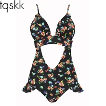 Tqskk сексуальный цветочный плюс размер цельный купальник для женщин Falbala монокини с оборками сплошной Женский Пляжный купальный костюм Купальники