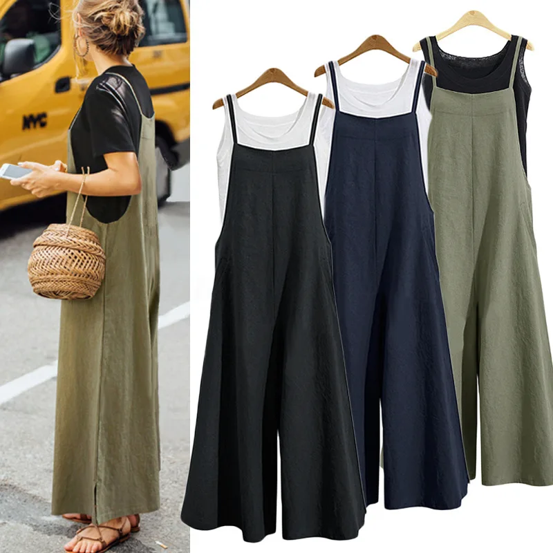 

New Summer Women Strappy Solid Comfy Wide Leg Jumpsuits Women's Casual Loose Dungarees Bib Overalls Cotton Linen Rompers S-5XL