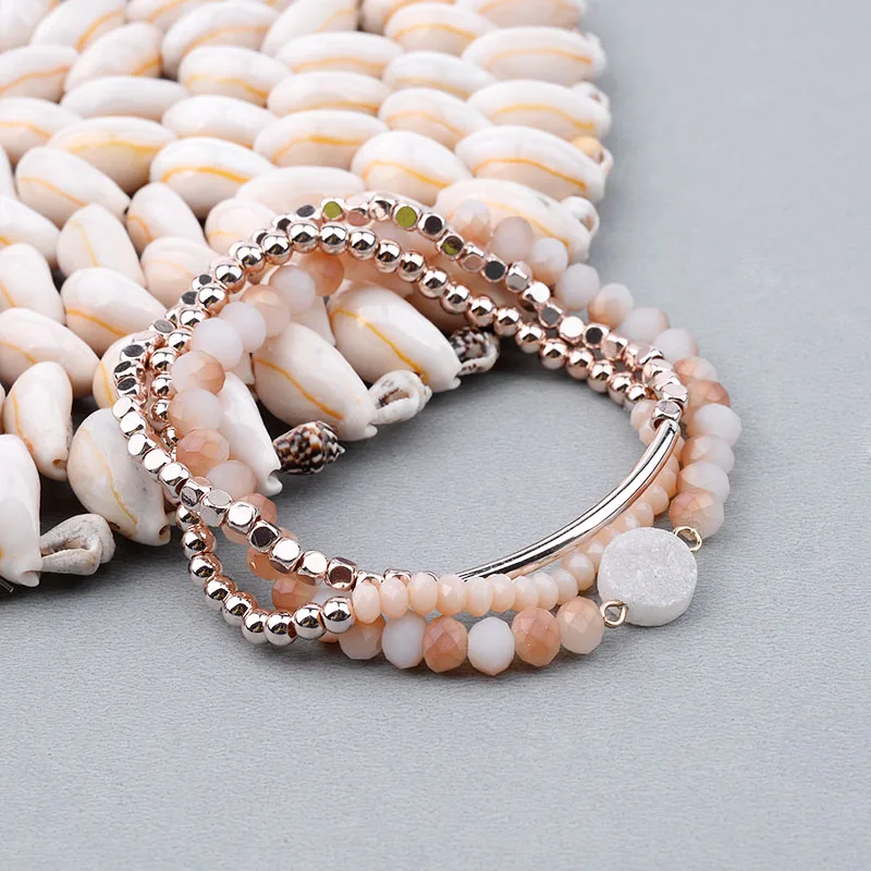 BOJIU 3 Pcs/Set Trendy Bracelets For Women Crystal White Quartz Gold Tube Tiny Beads Copper Nuggets Bracelet Jewelry BCSET179 - Image 4