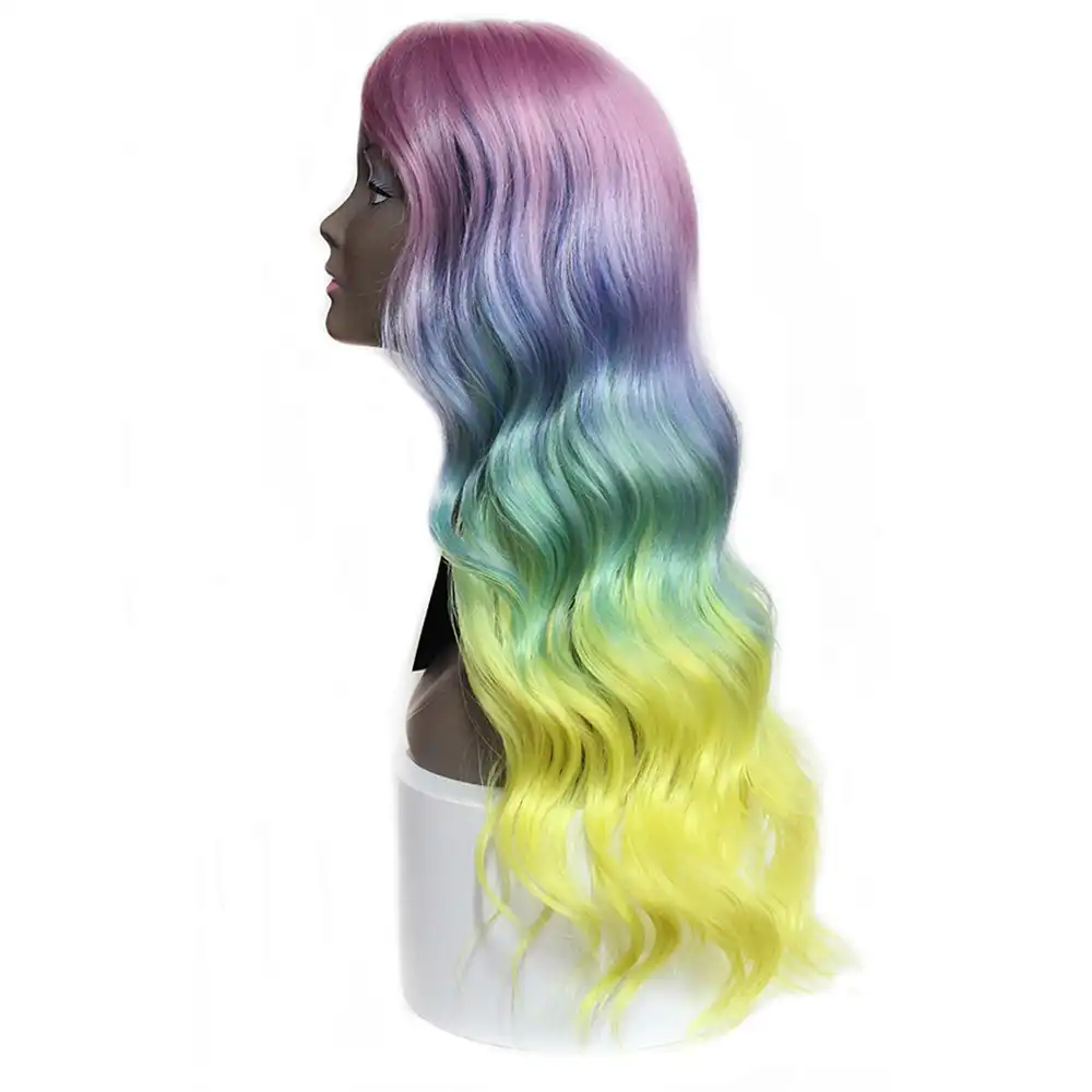 Ombre Pink Green Color Lace Front Synthetic Hair Wigs Side Part X Tress Long Body Wave Colorful Cosplay Lace Wig For Black Women