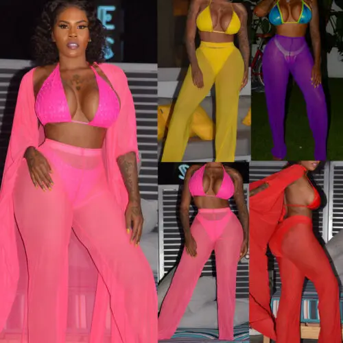 

UK Sexy Women Beach Mesh Ruffles Sheer Wide Leg Pants Bikini Cover Up Trousers
