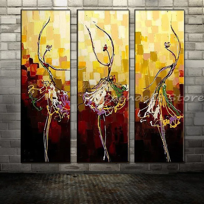 

Hand Painted Three Panles Abstract Dancer Canvas Painting Ballerina Painting Wall Picture Living Room Home Decoration No Framed