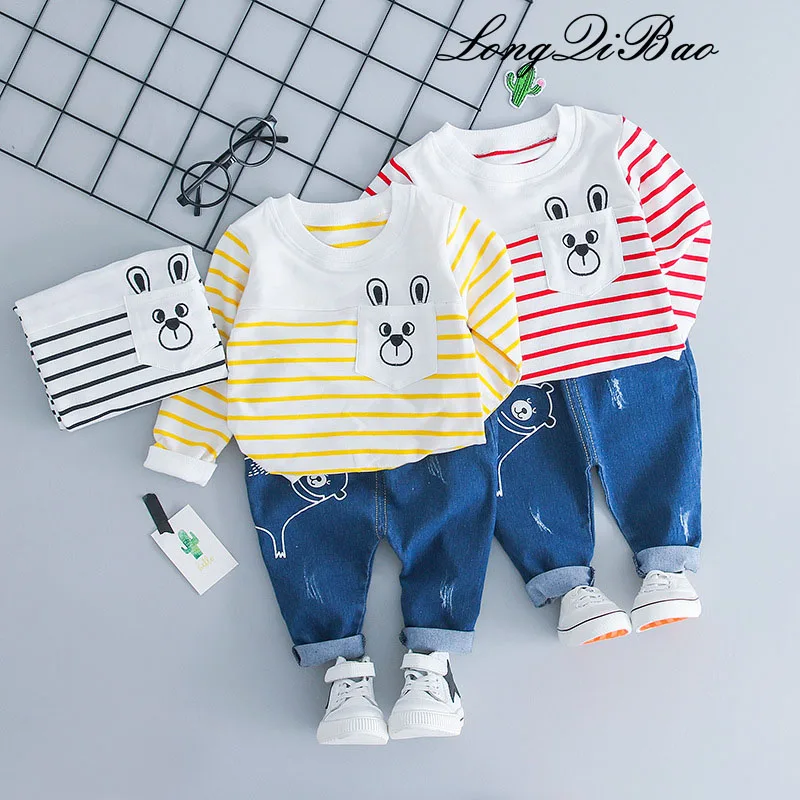 

High quality boy autumn casual stripe set 0-3 years old male baby Korean version of the cartoon autumn new two-piece
