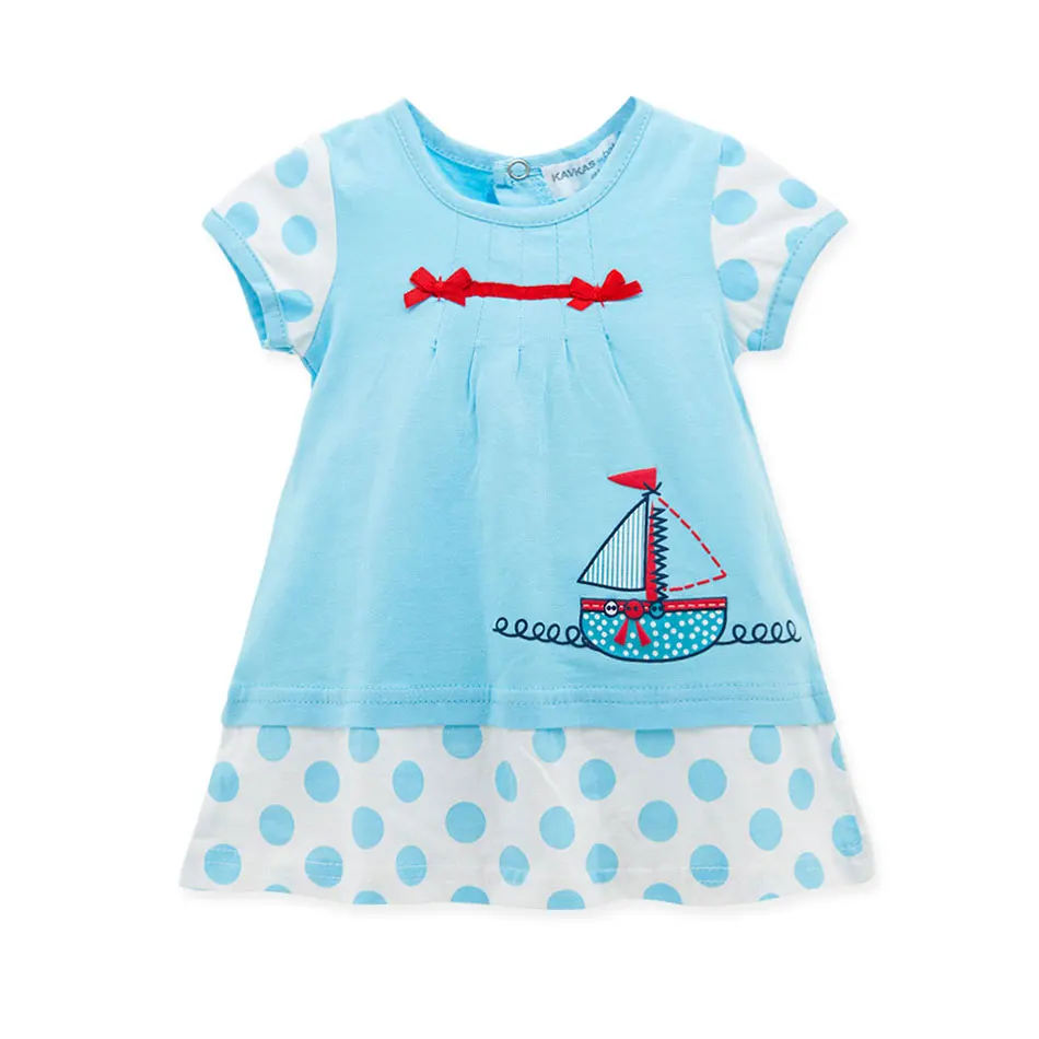 

Kavkas Baby Girl Dress Vestidos Robe Bebes Fille Dot Printing Cotton Roupa De Bautizo Short Sleeve Blue Color Birthday Dress
