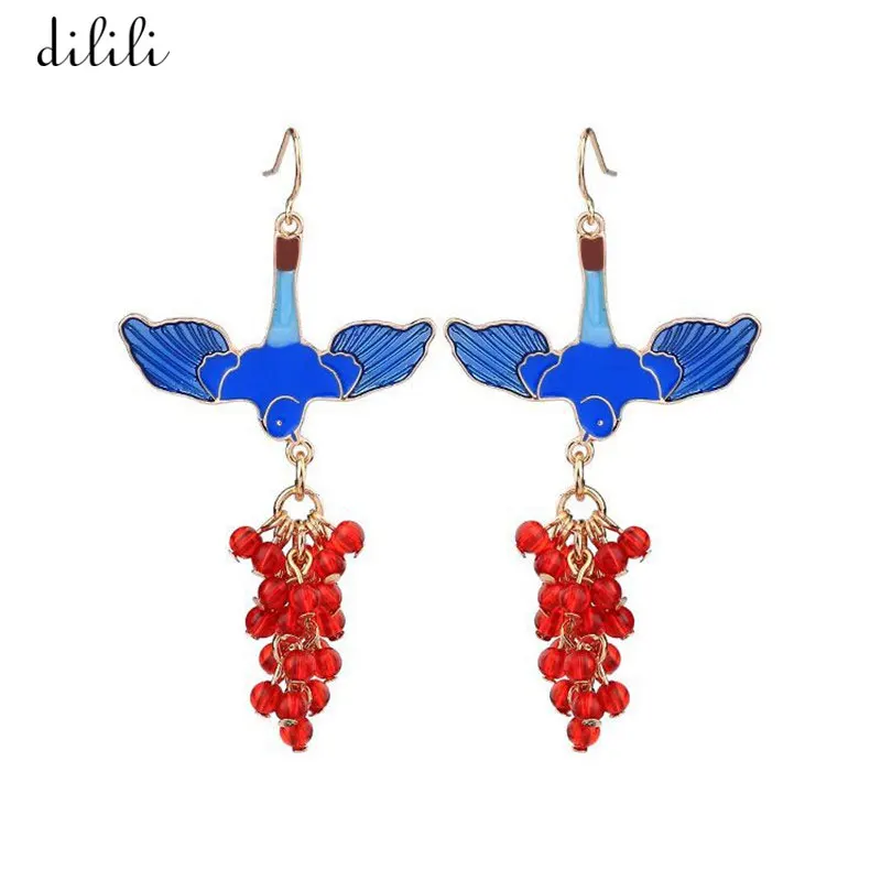 Enamel Animal Bird Red Beaded Piercing Drop Earrings for Women Bijoux Boucle D'oreille Blue EW-452 | Украшения и аксессуары