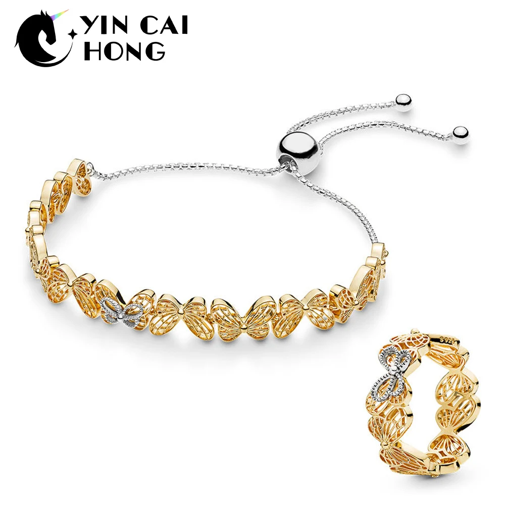 

YCH 100%925 Sterling Silver New Hollow Butterfly Ring Sliding Bracelet Set Adjustable Size 567957 167947 Free Shipping