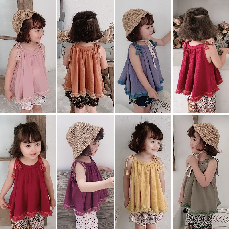 

Girls Suspender Tops 2019 Summer New Children Loose Sweet Casual Cotton Vest Clothes Baby Kids Sleeveless Solid Color Shirts
