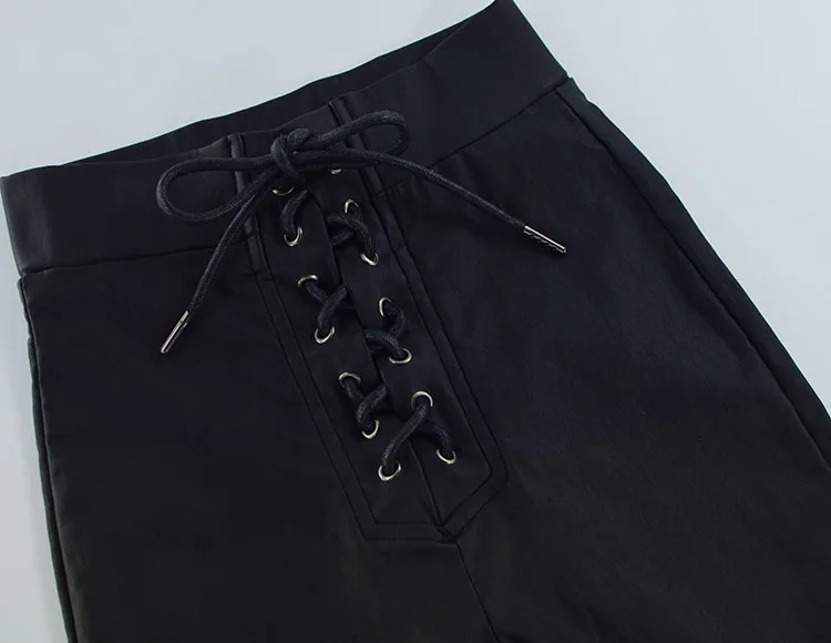LMCAVASUN Капри полная Длина Высокая талия кожаные брюки женские со шнуровкой женские брюки черные кожаные зауженные брюки из искусственной кожи