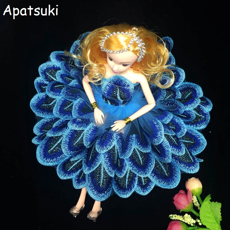 Blue Peacock Feather Elegant Doll Clothes For Barbie Dollhouse Party