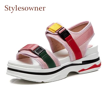 

Stylesowner Fashion Thick Bottom Wedge Summer Casual Sandals Mixed Color Suede Hook loop Platfrom Flat Student Girls Beach Shoes