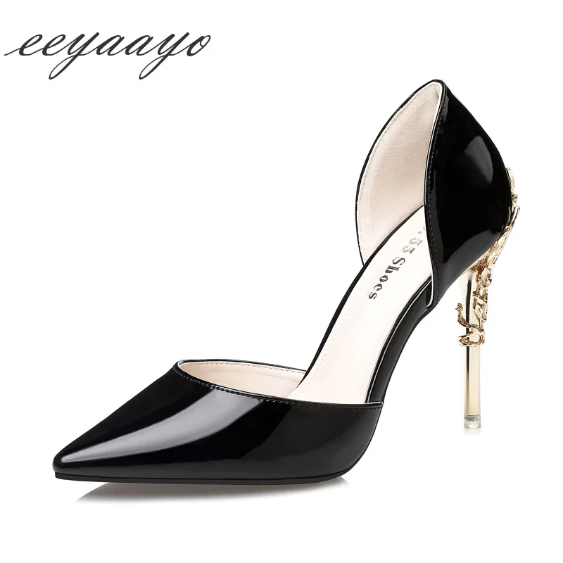 

2019 New Spring/Autumn Women Pumps High Thin Metal Heel Pointed Toe Fretwork Shallow Sexy Ladies Women Shoes Black High Heels