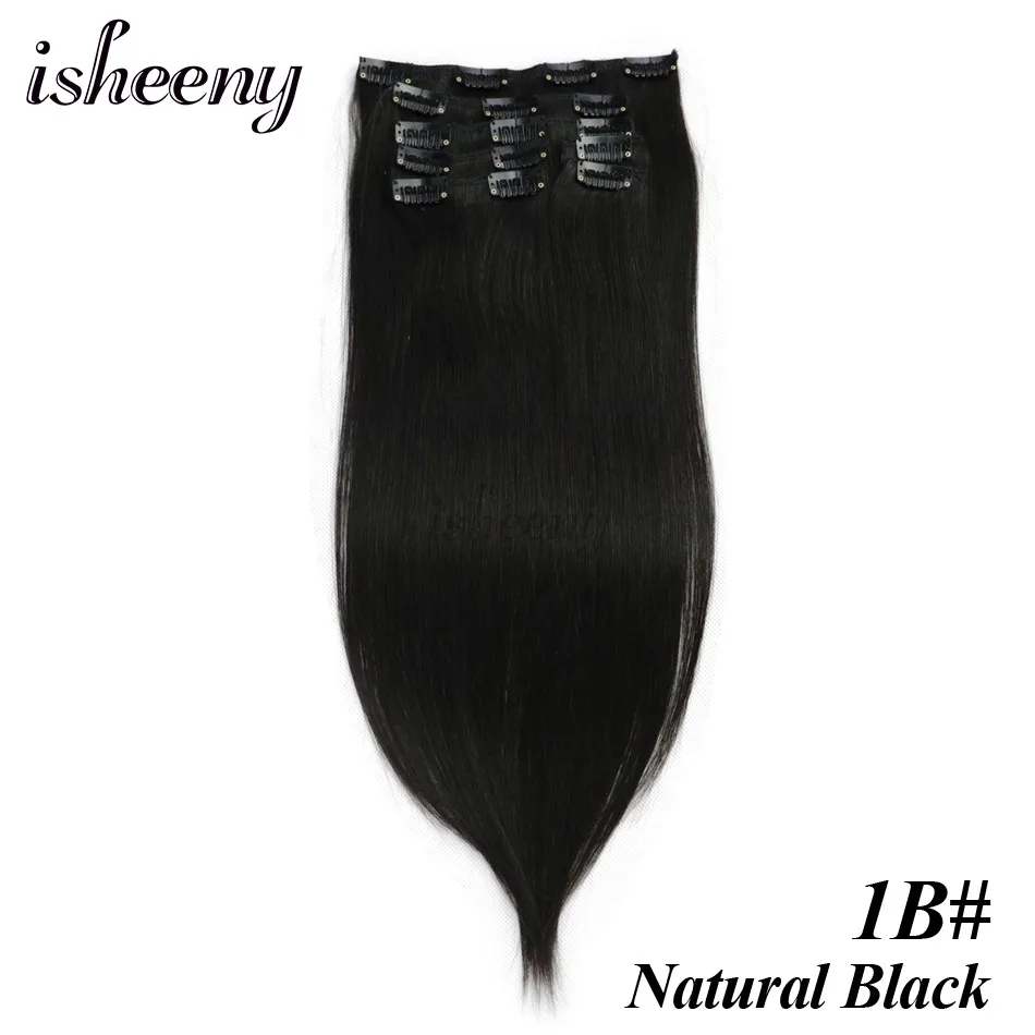 Isheeny Jet Black 7 шт./компл. Реми Клип в полной головке 14 "16" 18 "Клип пряди человеческих волос для наращивания прямые волосы