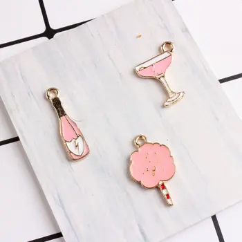 

Wholesale 60PCs/Lot Gold Color Plated Enamel Alloy Charms Oil Drop Pink Color Bottle Wine Cup Marshmallow Candy Charm Pendant