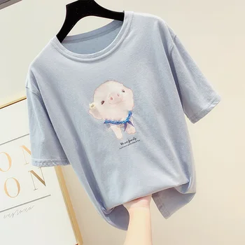 

2019 Summer Tops Wild Natural Handmade Pig Print Beaded T-shirt Short-sleeved T-shirt Top Sequins Students Basic Tshirts