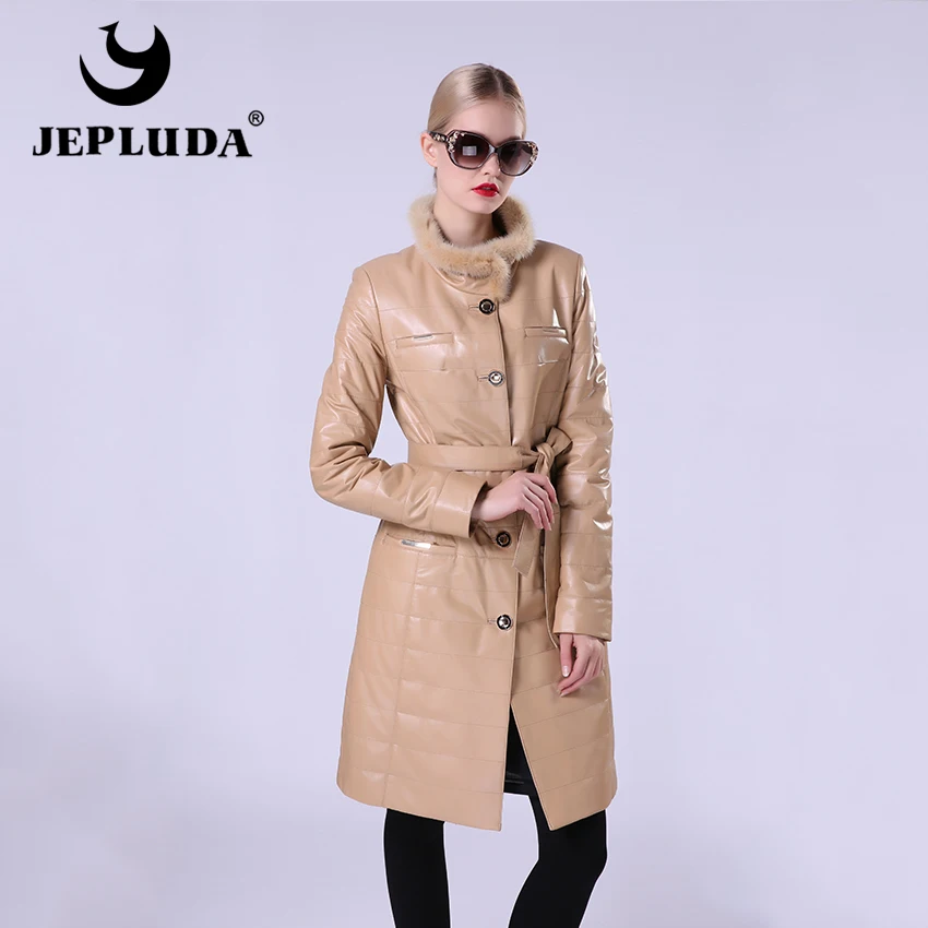 

JEPLUDA New Fashion Women's Leather Jacket Of Real Sheepskin Women's Leather Coat Stand Collar Of Natural Fur Mink Windbreaker