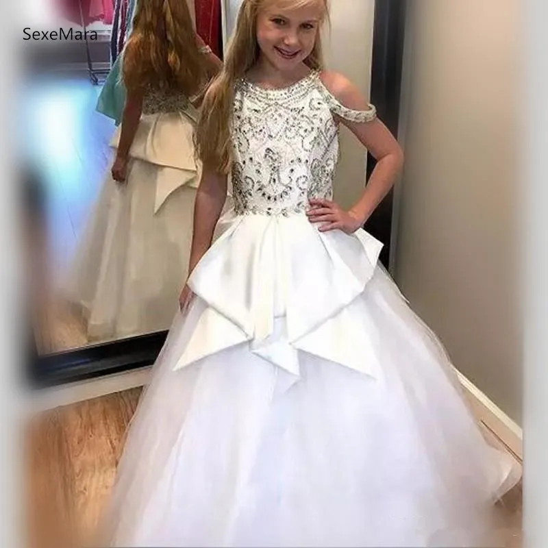 Wit Luxe Meisjes Pageant Jurken Baljurk Puffy Tulle Kristallen Kralen Bloem Meisjes Jurk voor Bruiloft Custom Made Maat Wit Luxe Meisjes Pageant Jurken Baljurk Puffy Tulle Kristallen Kralen Bloem Meisjes Jurk voor Bruiloft Custom Made Maat