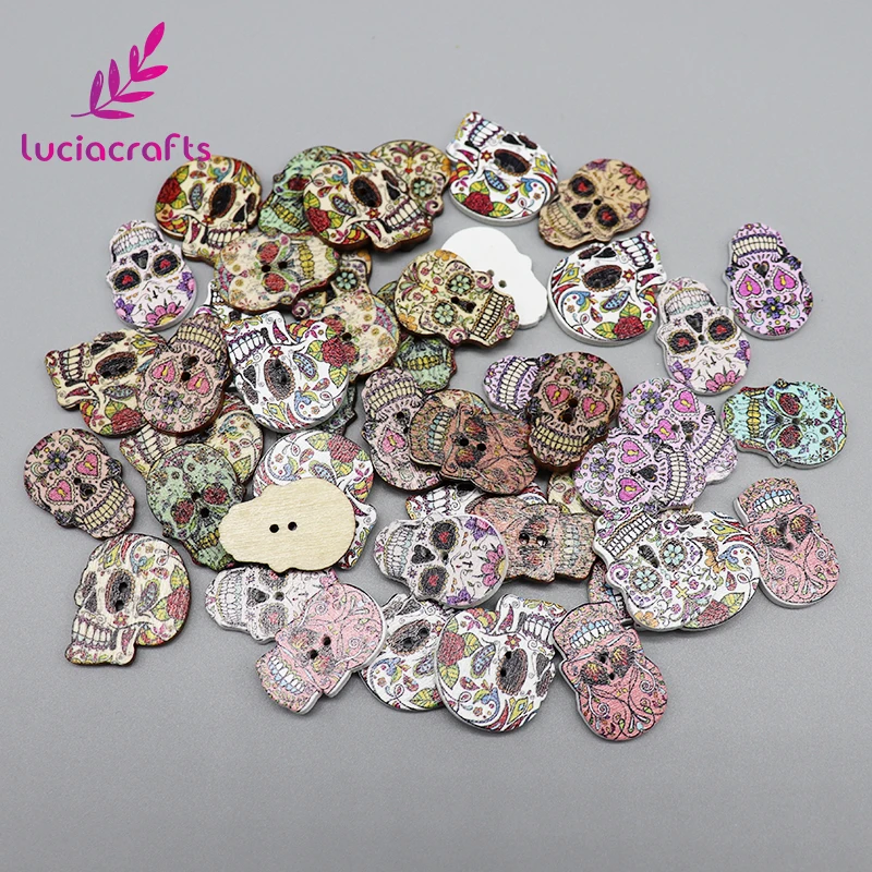 

Lucia crafts 24pcs/lot Natural Wooden Buttons Skull Skeleton DIY Sewing Button 2-holes Scrapbooking accessories E0121