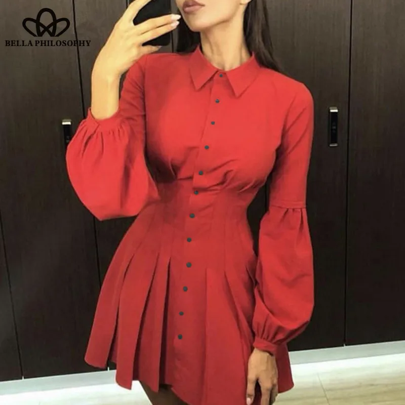 Wonder Sexy Mini DressVintage Sheath Button Bodycon Dress Women Elegant Puff Sleeve Ladies Party Dresses Vestidos 2019