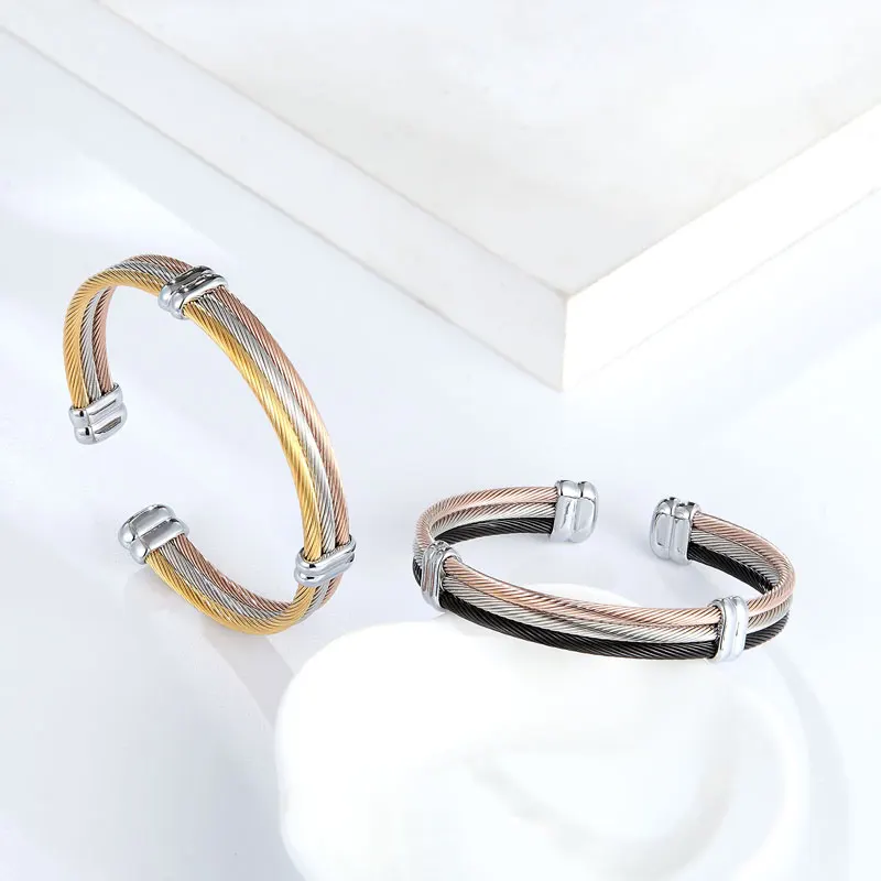 Cable Bracelet 4 Styles Adjustable Size Cuff Bangle For Women Spring Wire Line Titanium Steel Jewelry bangle bracelet