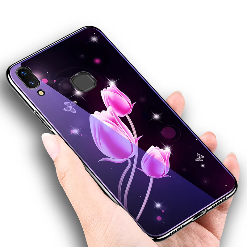 Чехол для Vivo Y85 Y 85 чехлы телефонов окрашенное синее закаленное стекло + Мягкая