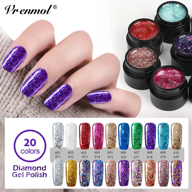 Vrenmol 20 цветов Блеск 3D Алмазный лак для ногтей Гель-лак Shimmer УФ с блестками Top Base Coat