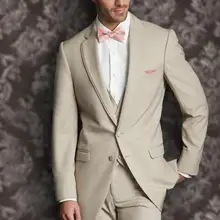 Тонкий крой, высокое качество, модный, Terno Masculino, 3 предмета(куртка+ брюки+ жилет+ галстук), простой, бежевый, с отворотом, 2 пуговицы, вечерние смокинги