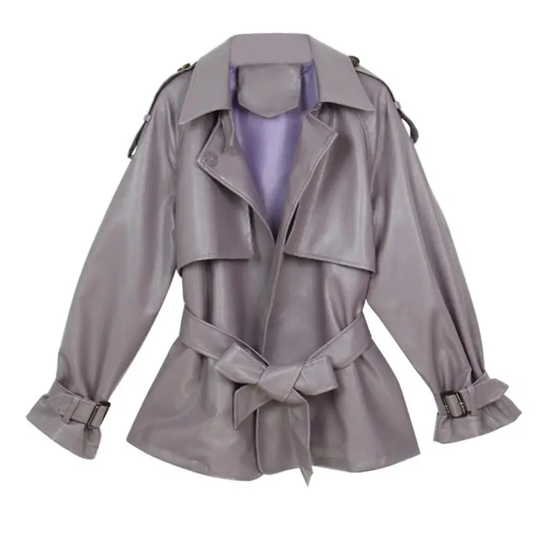 FTLZZ Осенняя Женская свободная Pu искусственная мягкая кожаная куртка с отложным воротником мотоциклетное черное пальто женская уличная верхняя одежда с поясом - Цвет: Lavender