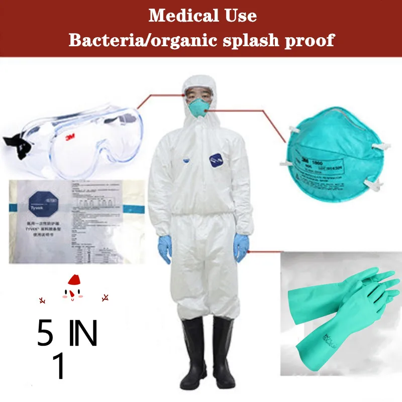 

5 In 1 Set 1422A Safety Clothing Suit Medical Use with Anti Acid Alkali Gloves 3M 1621 Chemical Goggles 1860 Mask Insulation