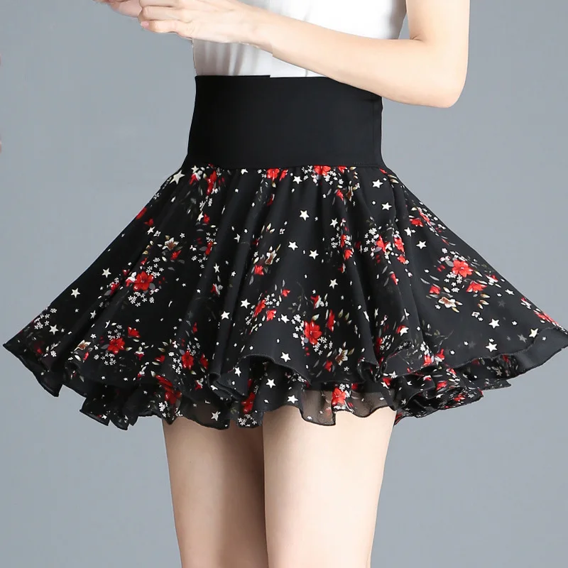 

Mr.nut 2019 new summer women's printed chiffon skirt short skirt large swing stretch high waist lotus skirt