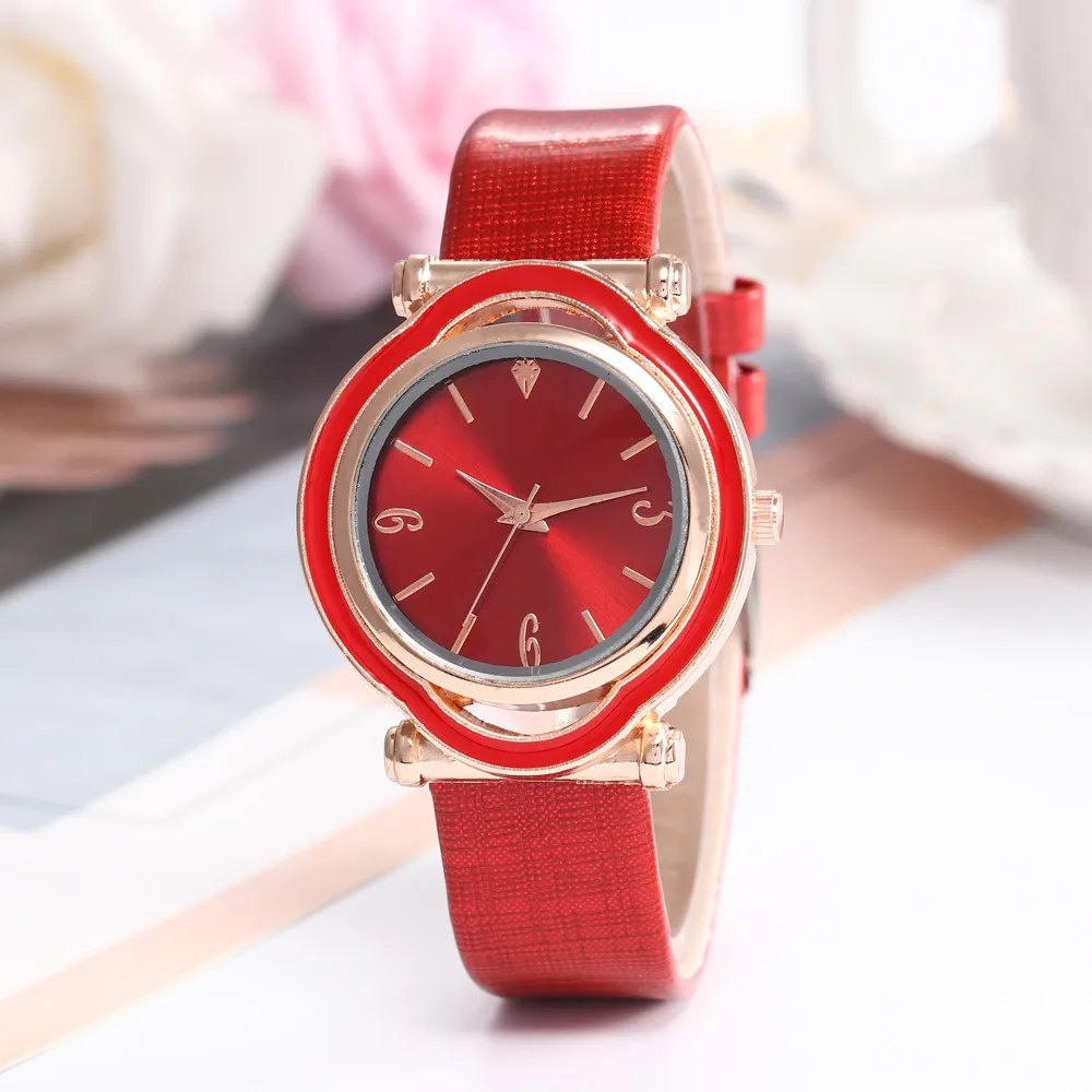 Новые модные розовые часы женские роскошные кожаные кварцевые часы Женское платье дамские часы красные часы relojes Mujer W50