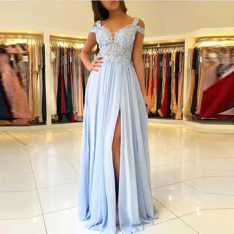 

Cinderella Light Sky Blue Evening Dresses Sweetheart Sleeveless Floor Length A-Line Lace Chiffon Evening Dresses Party Prom Gown