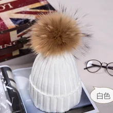 Зима осень модные женские вязанные шапки-бобы натуральный мех енота помпон 15 см шапки бини для женщин толстые женские шапки