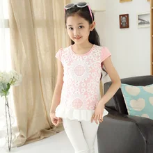 New Summer Girls Wear Lace Color Korean Children T-shirt Hot Pink Yellow Dark Pink