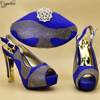 

Latest royal blue high heel pump shoes and evening handbag set with rhinestones for party 988-1 heel height 12cm