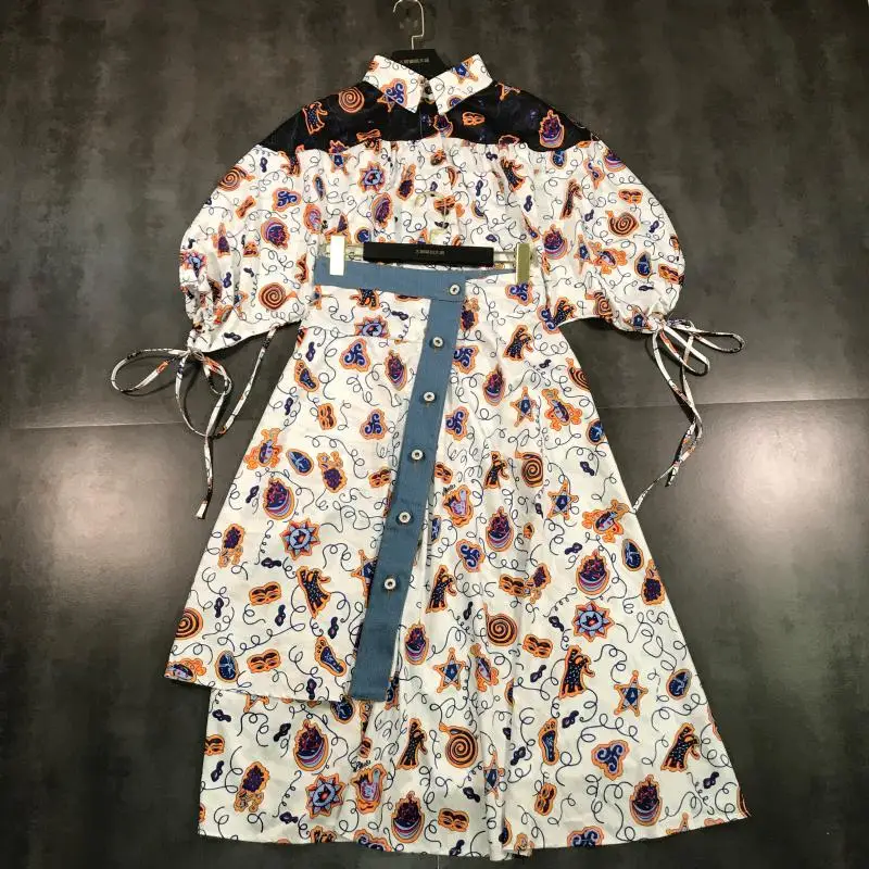 

Summer 2019 New Summer Style Abstract Flower Coloured Shirt + Cowboy Side Half-length Skirt Fashion Suit
