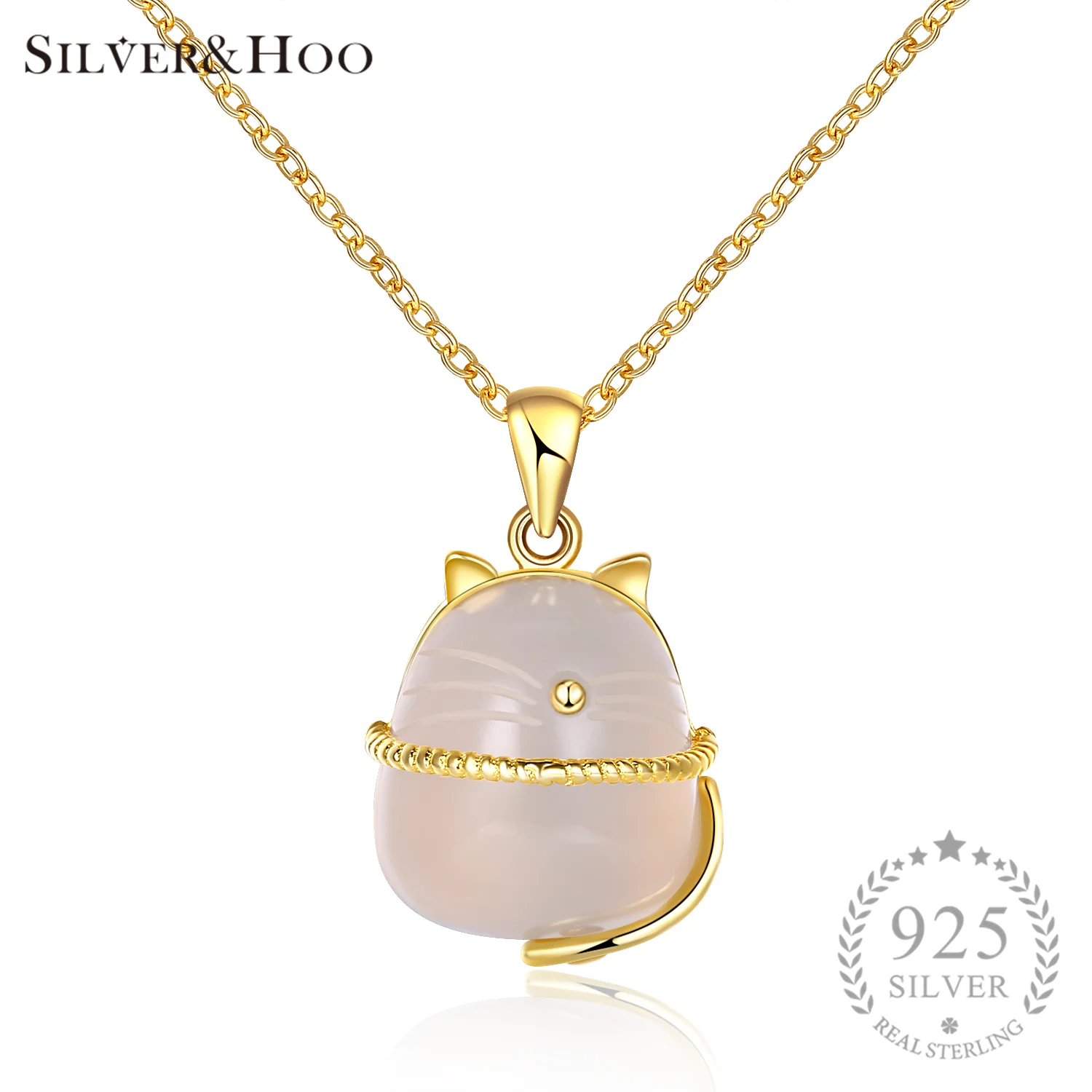

SILVERHOO Pendant Necklace Lovely Cat Moonstone 2017 New Design 925 Sterling Silver Gift for Child Women Fine Jewelry