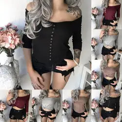 Новая женская одежда с открытыми плечами с длинным рукавом Eyelet Crop футболка Повседневное хлопковая блуза Женские пикантные однотонные