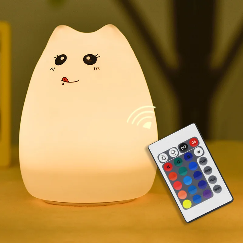 SuperNight Cartoon Cat LED Night Light Remote Control Touch Sensor Colorful Silicone USB Children Kids Baby Bedside Table Lamp